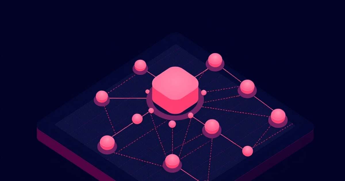 Isometric dark slab with a glowing pink hexagon at its center linked by lines to scattered nodes, representing a model measured across an eval set