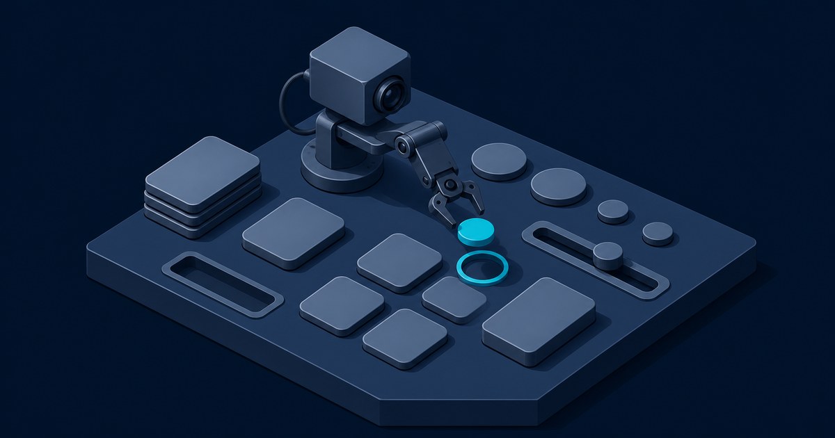 An isometric camera-equipped robotic arm hovers over a dark blue panel of rounded squares, circles, and sliders, reaching toward a glowing cyan disc and ring