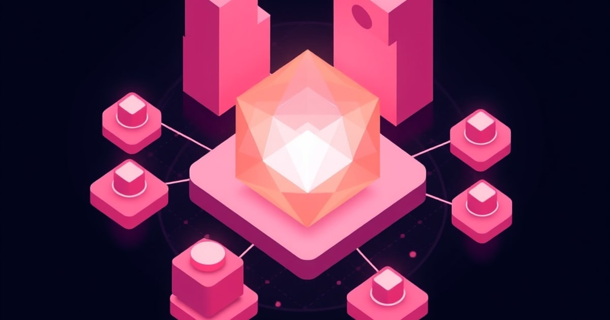Flat isometric illustration of a glowing orange icosahedron on a pink pedestal, linked by thin lines to six pink cube-topped blocks on a dark background.
