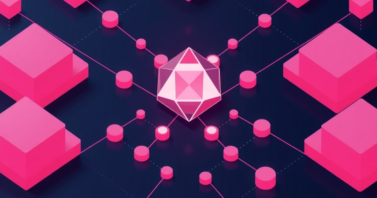 Flat isometric illustration of a pale pink icosahedron at the centre of a pink node-and-line network with large pink slab blocks in the corners on dark navy.