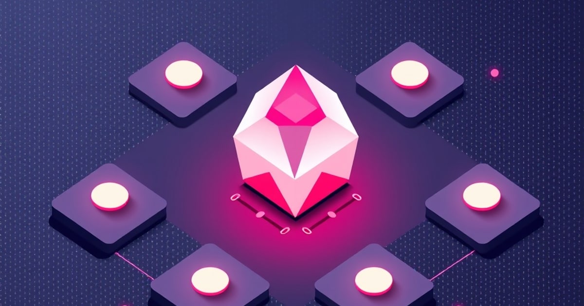 Flat isometric illustration of a pink faceted gem lit from below, ringed by six dark tiles topped with cream discs, on a purple field of faint glyph-like rain.