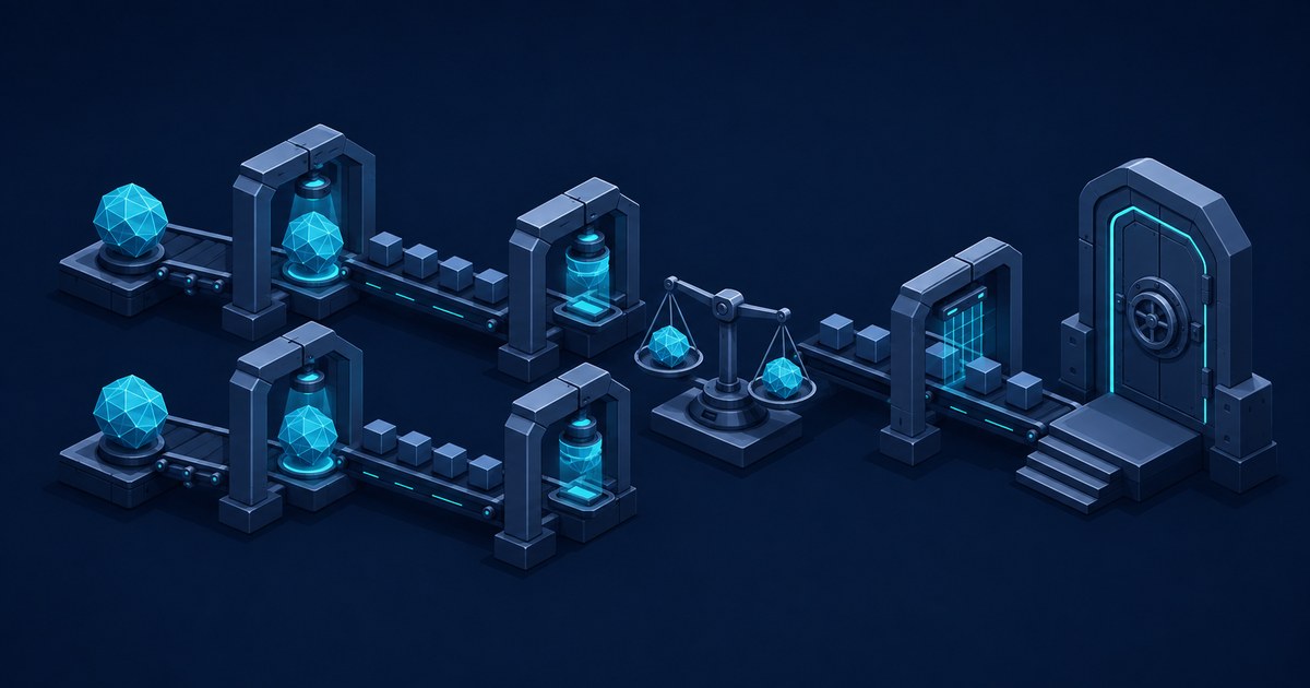 Isometric sci-fi assembly line moves glowing blue crystals through test stations, scales, scanners, and a secure deployment vault.