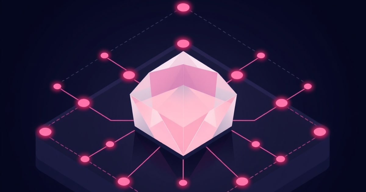 Translucent pink faceted crystal on a dark isometric platform, linked by glowing pink circuit lines to nodes, evoking a model evaluation benchmark